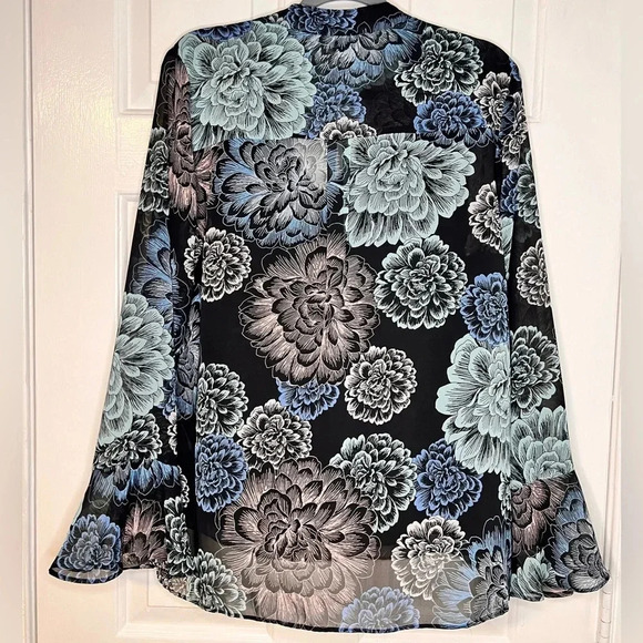 Zac & Rachel Black Light Weight Floral Print Choker Neck Blouse Size L - Picture 2 of 4